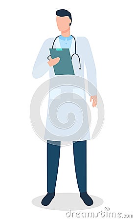 Male Doctor with Stethoscope and Notepad Isolated Vector Illustration