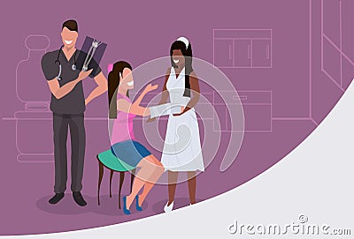 Male doctor traumatologist examining x-ray anfrican american nurse bandaging injured patient with broken hand medical Vector Illustration