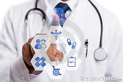 Male doctor using finger to choose health check button Stock Photo