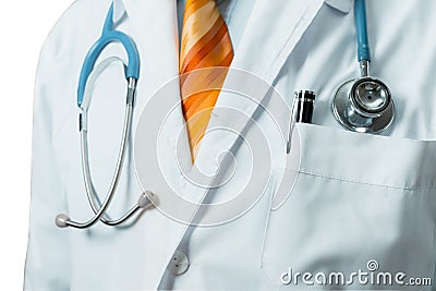 Male Doctor In White Medical Coat With Stethoscope. Global Healthcare Medicine Insurance Concept Stock Photo