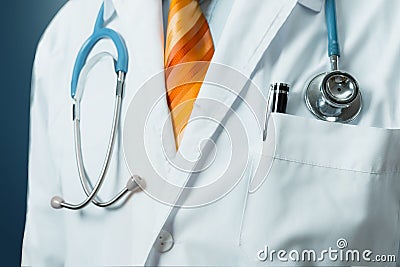 Male Doctor In White Medical Coat With Stethoscope. Global Healthcare Medicine Insurance Concept Stock Photo