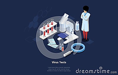 Male Doctor In White Robe Investigating Through Microscope, Medical Glass, Magnifier, Ampoules, Tubes Near. 3D Isometric Vector Illustration