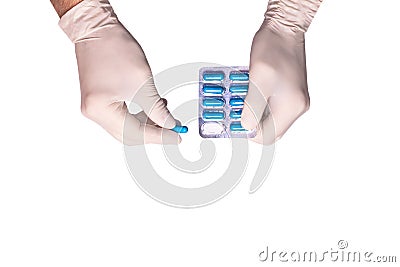 Male doctors hands in rubber gloves holding an ampule of insulin on white backgound isolated. Concept sterility purity Stock Photo