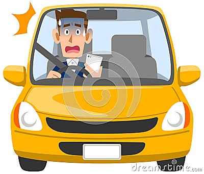 Male driver driving while looking at smartphone and becoming aware of danger Vector Illustration