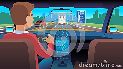 Male driver turns on cars auto air conditioner. Man sitting in automobile back view, cold or warm air waves, climate Vector Illustration