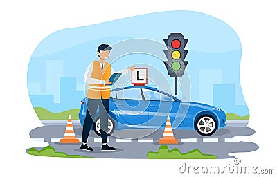 Male driving instructor is teaching how to drive a car on the street Vector Illustration