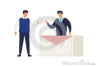 Male elector give ballot or voting choosing candidate at polling place vector flat illustration. Man politician standing Vector Illustration