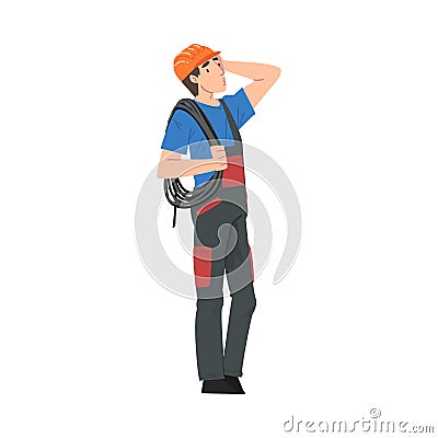 Male Electrician Engineer with Cable Thinking Before Repairing, Electricity Maintenance Service Worker Character Cartoon Vector Illustration
