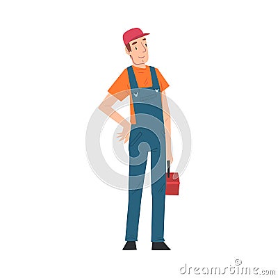 Male Electrician Engineer with Toolbox, Professional Worker Character in Uniform Repairing Electrical Equipment Cartoon Vector Illustration