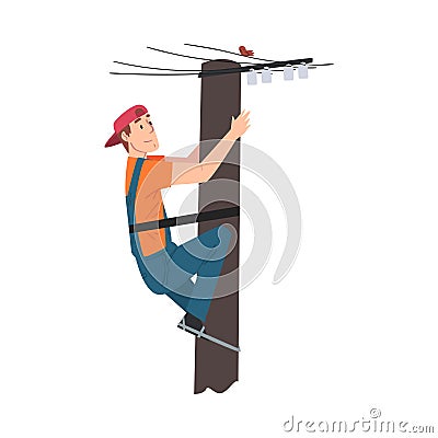Male Electrician Engineer Working on Electric Power Pole, Electricity Maintenance Service Worker Character Cartoon Style Vector Illustration