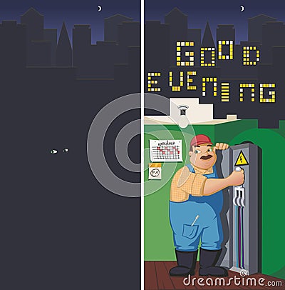 Male electrician includes electricity in the dark city Vector Illustration