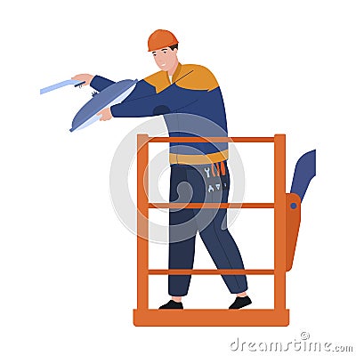 Male electrician at outdoor lantern work vector flat handyman urban street construction Vector Illustration
