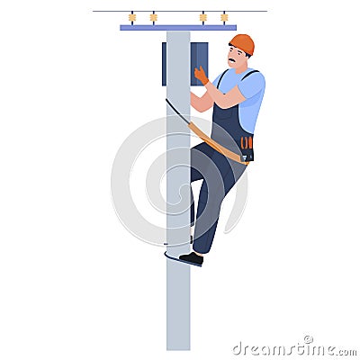 Male electrician at work checking electricity voltage on pillar vector flat illustration Vector Illustration