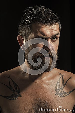 Male emotions. Barber fashion and tattoo beauty. Stock Photo