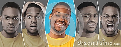 Male emotions during day. Young african american guy showing various positive and negative emotions, collage Stock Photo