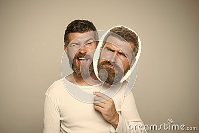 Male emotions. Guy or bearded man on grey background. Stock Photo