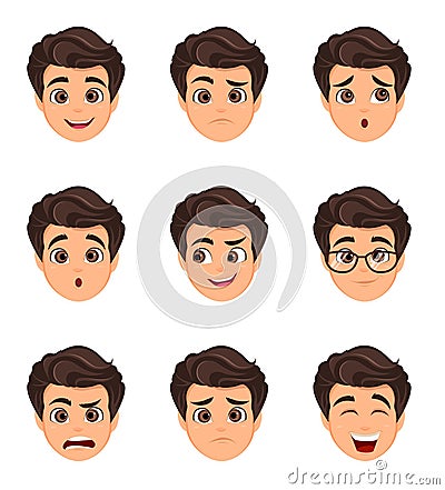 Male emotions set. Facial expression. Cartoon character with var Vector Illustration