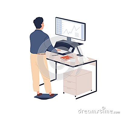 Male employee behind ergonomic furniture working on computer vector flat illustration. Man standing on footrest looking Vector Illustration