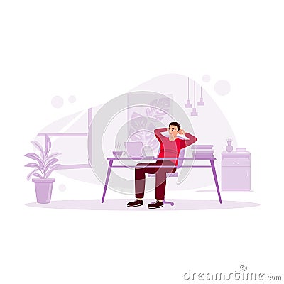 Male employee, taking advantage of free time in his office, enjoying a cup of hot coffee while enjoying his work on the laptop . Vector Illustration