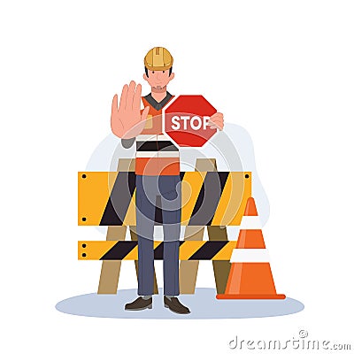 male engineer is holding STOP sign for warning under construction area, No entrance. vector cartoon illustration Vector Illustration