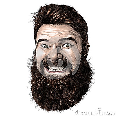 Male face with long hair and beard with tight smile with teeth Vector Illustration
