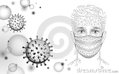 Male face mask. Infection pneumonia prevention healthcare. 3D low poly boy human blue glowing banner. Wear surgical Vector Illustration