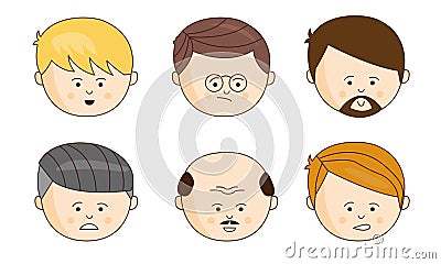 Male Faces Showing Different Emotions Set, Face Expressions of Man Vector Illustration Vector Illustration