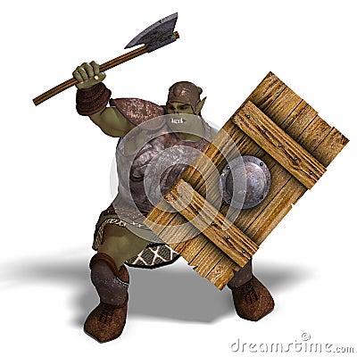 Male Fantasy Orc Barbarian with Giant Axe Stock Photo