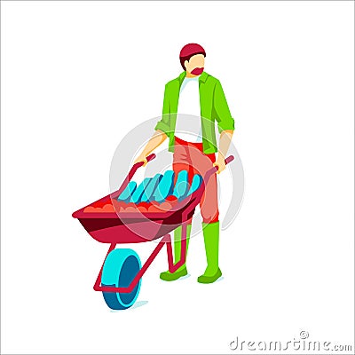 Male farmer or gardener pushing wheelbarrow cart Vector Illustration