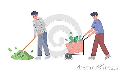 Male Farmer Working in Garden with Rake and Wheelbarrow Vector Set Vector Illustration