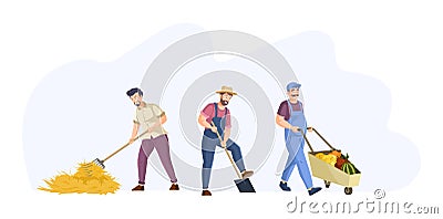 Male farmers and gardeners with agricultural tools set. Farm workers making haystack with pitchfork, digging with shovel, pushing Vector Illustration