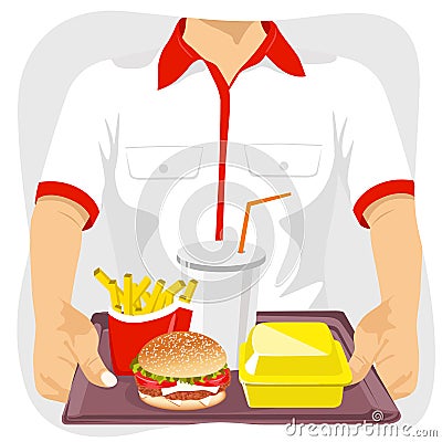 Male fast food restaurant employee holding tray with common fast food snacks Vector Illustration