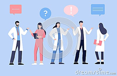 Male and feamle doctor talking with patients. Healthcare services, Ask a doctor. Therapist in uniform with stethoscope. Vector Illustration