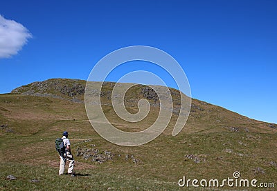 Male fellwalker on slopes of Hallin Fell, Cumbria Stock Photo