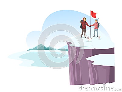 Male and female alpinist mountaineer on cliff top Vector Illustration