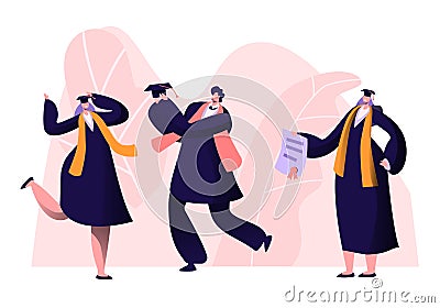 Male and Female Alumnus Graduating University, College or School. Cheerful People In Academical Cap and Gown Rejoice, Professor Vector Illustration