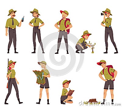 Male and Female as Park Ranger or Forest Rangers Protecting and Preserving National Parklands Vector Set Vector Illustration