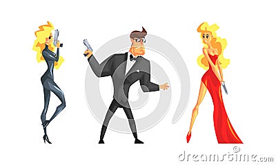 Male and Female as Undercover Secret Agent Engaged in Espionage or Spying Vector Set Vector Illustration