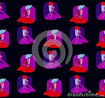 Male and female communicating with smartphones avatars for UI - UX design, minimalist flat style, seamless pattern Vector Illustration