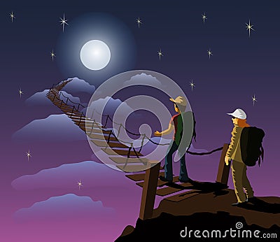 A male and female backpack carrying a backpack is about to walk up a wooden bridge that leads to the moon. Vector Illustration