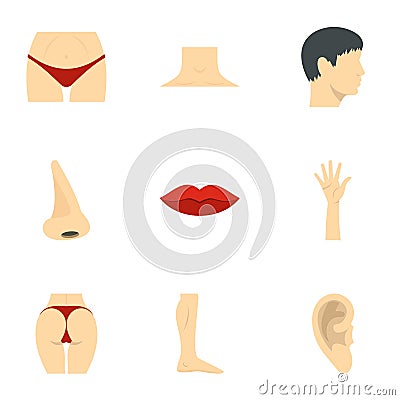 Male and female body parts icons set, flat style Vector Illustration