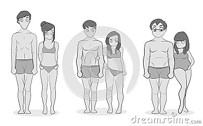 Male and female body types: Ectomorph, Mesomorph and Endomorph. Skinny, muscular and fat bodytypes. Fitness and health illustratio Vector Illustration