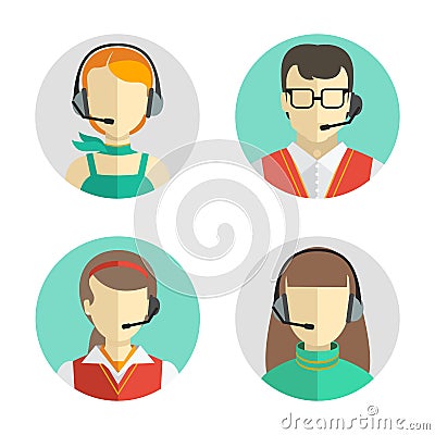 Male and female call center avatars in a flat style with a headset, conceptual of communication. Vector icons set Vector Illustration