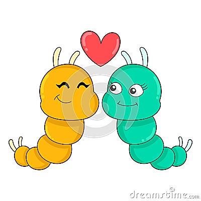 Male and female caterpillars are in love, doodle icon image kawaii Vector Illustration