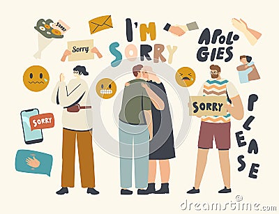 Male Female Characters Apologize. People Say Sorry, Hugging Each Other and Ask to Forgive for Mistake or Offensive Words Stock Photo