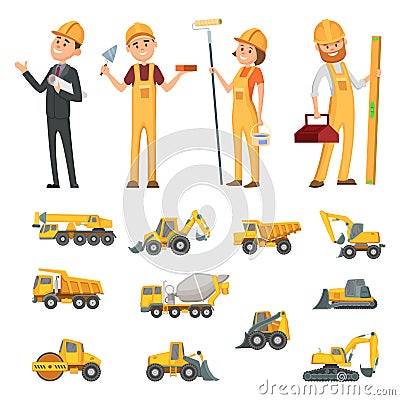 Male and female characters of builders and different illustrations of construction equipment, machines Vector Illustration