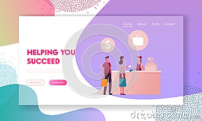 Male and Female Characters Buying Cheap Goods in Airport or Tax Free Area Landing Page Template Vector Illustration