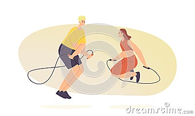 Male and Female Characters Doing Sport, Training, Exercising with Jump Rope. Healthy Life, Training in Gym, Activity Vector Illustration