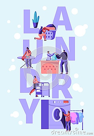 Male and Female Characters Loading Dirty Clothes to Washing Machine in Public Launderette, Ironing Clothes, Rolling Cart, Laundry Vector Illustration