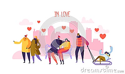 Male and Female Characters in Love. Happy Couples Romantic Day in the City. Valentines Card with People in Love Vector Illustration